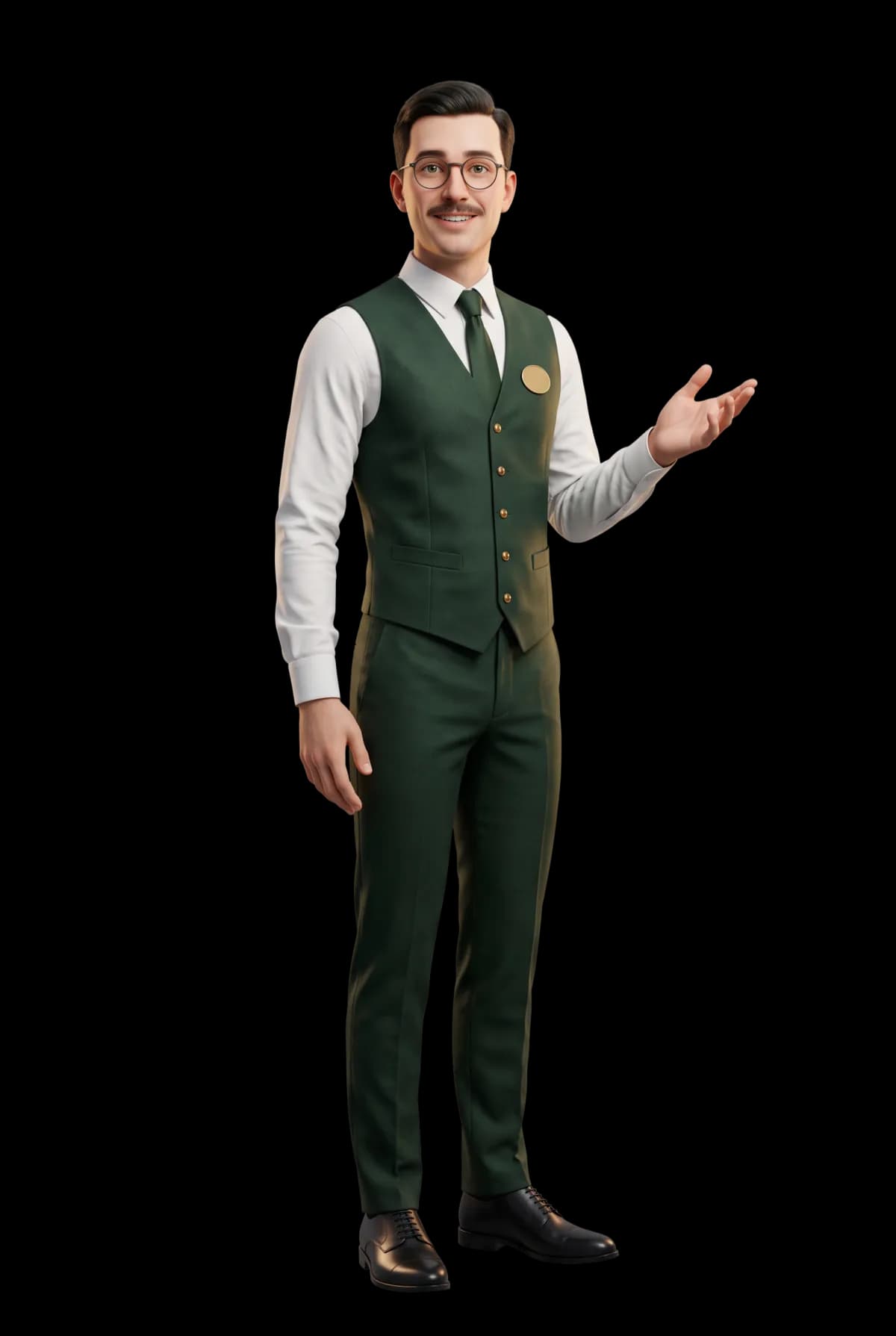 Illustrated concierge in a green waistcoat and glasses, gesturing to welcome a guest.